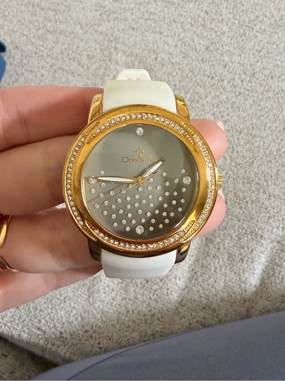 Women's Gold-Tone Crystal Dial Watch with White Strap